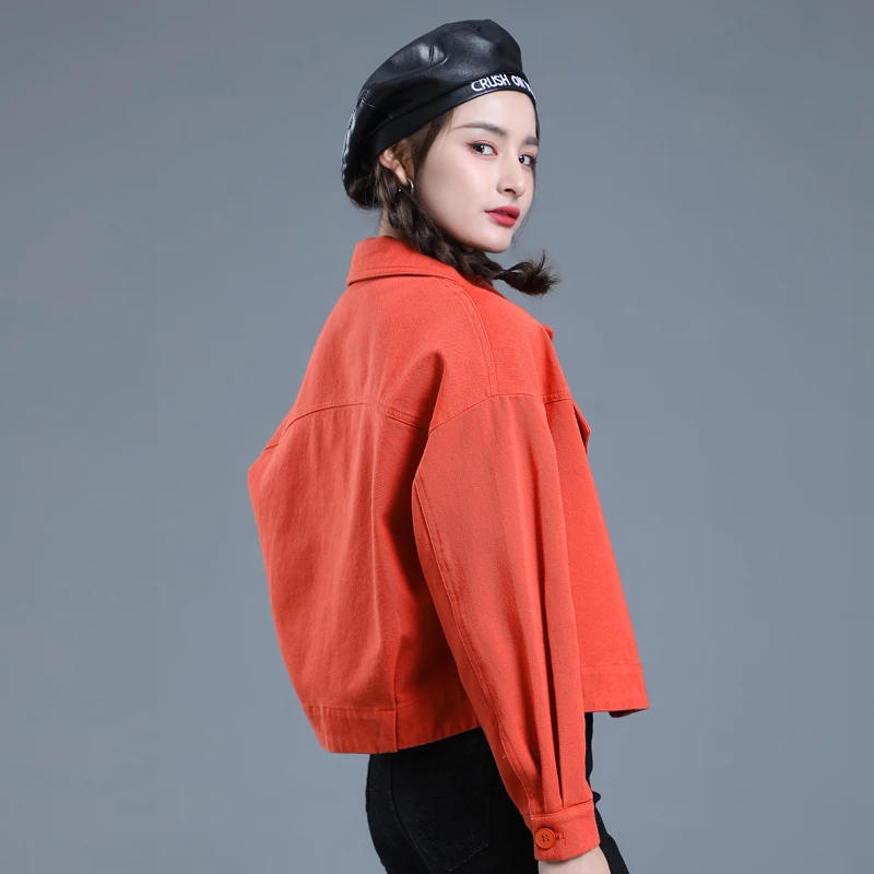 橘红色别致独特小上衣纯棉短款牛仔外套女春秋休闲百搭小个子女装