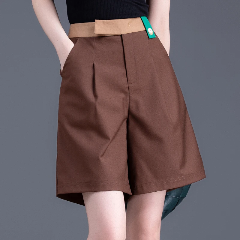 撞色高腰休闲短裤女2025夏季薄款爆款四五分裤女宽松显瘦阔腿中裤