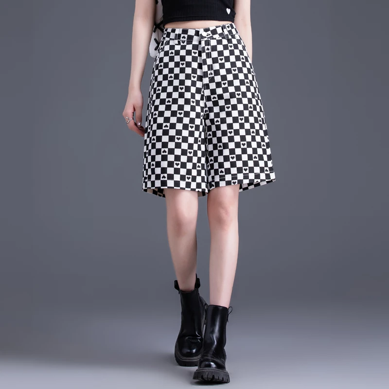 黑白格子牛仔短裤女夏季薄款高腰五分裤女休闲宽松阔腿裤外穿中裤