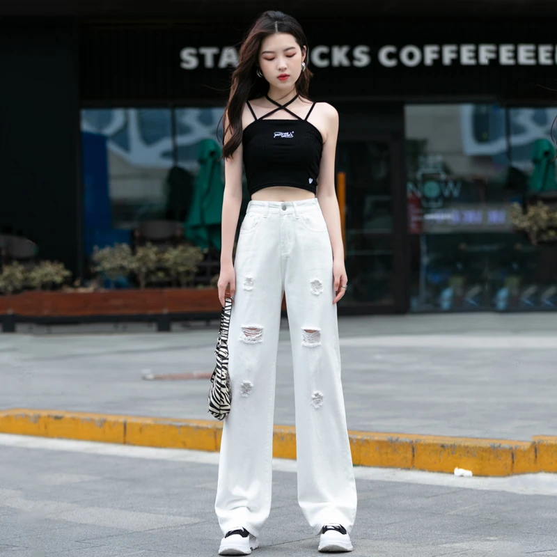 春秋季薄款白色破洞牛仔裤女2025新款浅色阔腿裤高腰长裤子直筒裤