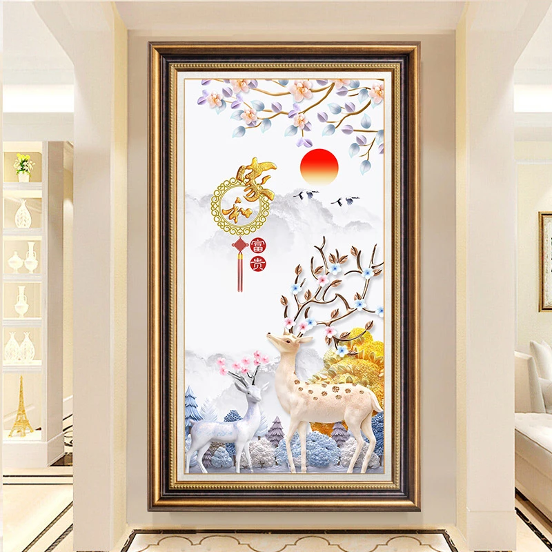 麋鹿家和富贵钻石画满钻玄关竖版客厅装饰挂画十字绣AB彩异形钻X