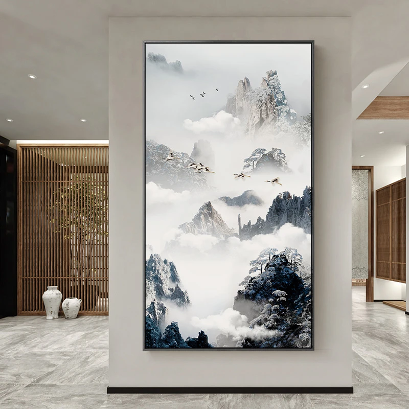 新中式禅意钻石画风景画山水竖版玄关砖石贴画客厅2024新款十字绣