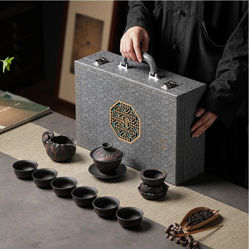 紫陶功夫茶具套装陶瓷泡茶壶茶杯盖碗整套复古茶器家用办公礼盒装