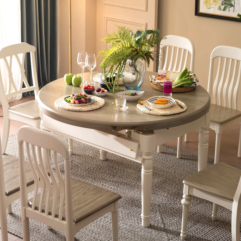 美式可伸缩折叠餐桌子田园大小户型家用地中海轻奢实木圆桌椅组合