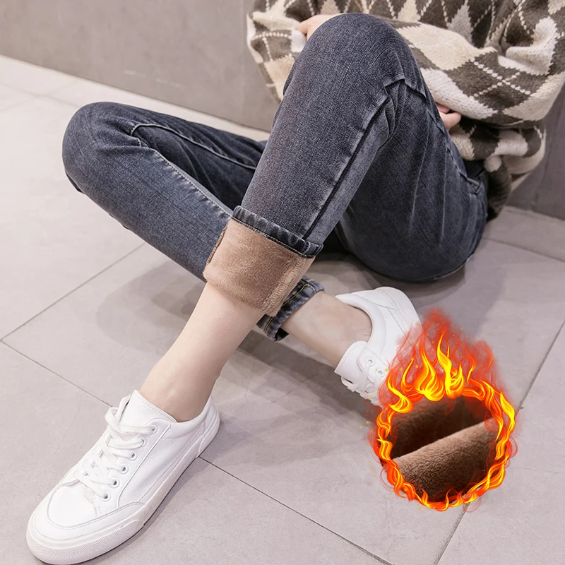 孕妇牛仔裤加绒加厚秋冬外穿长裤弹力时尚高腰托腹保暖小脚裤修身