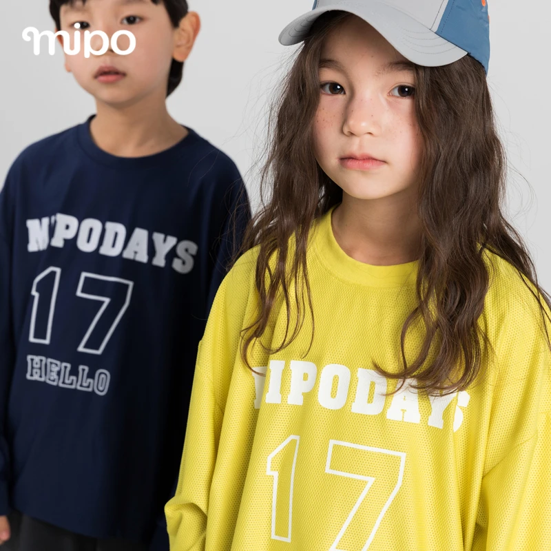 mipo儿童长袖网眼卫衣春夏运动上衣休闲童装圆领春季时尚宽松印花