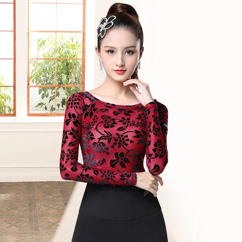 丹宝罗拉丁舞衣服女性感舞蹈上衣长袖练功显瘦摩登舞紧身拉丁舞服