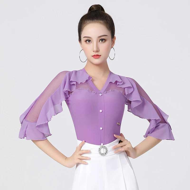 丹宝罗【前扣七分袖】荷叶边舞衣连体衣紫色拉丁舞服跳舞上衣女士