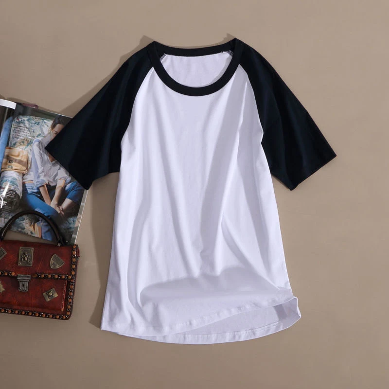 星有光 撞色拼接连肩袖丝光棉圆领白色t恤女宽松中长款短袖上衣夏