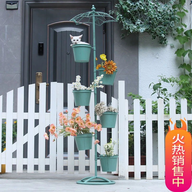 爬藤花架新款户外庭院铁艺雨伞阳台落地花园布置装饰多层置物架