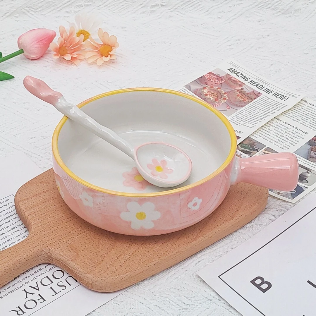 【浪漫山花】高温陶瓷餐具6英寸加厚手把碗搭配勺子家用釉下彩