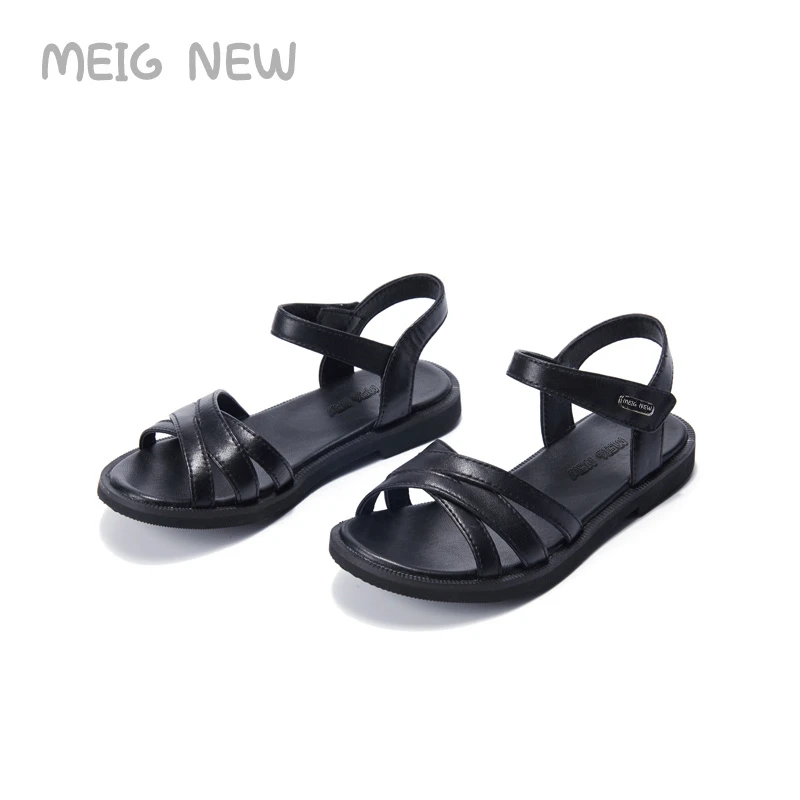 女童凉鞋夏季软牛皮真皮儿童凉鞋露趾软底中大童黑色儿童小公主鞋