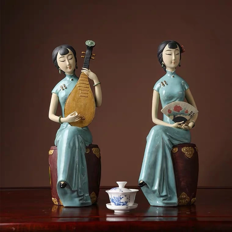 【春花秋月-仕女单个长15高48】石湾陶瓷工艺茶室精品家居摆件