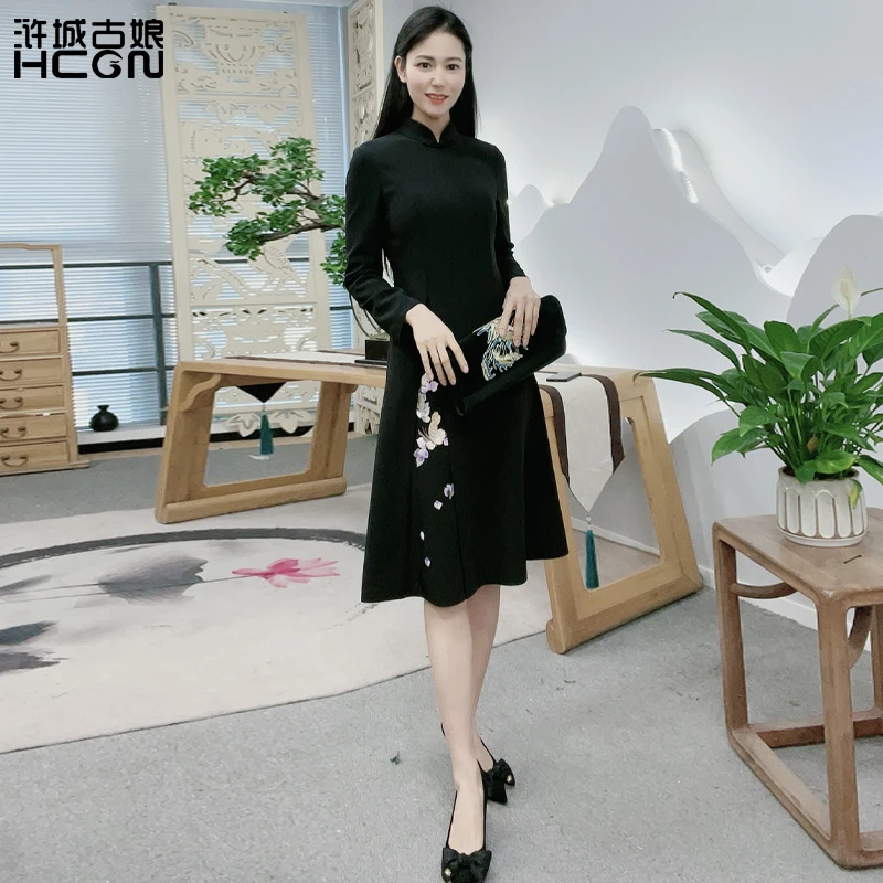 浒城古娘中式国风复古气质优雅高贵修身蝶舞幽兰连衣裙-22A17151