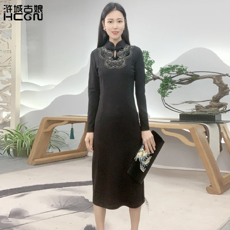 浒城古娘中式国风长款高贵优雅上档次女福蝶立领连衣裙-21C17111