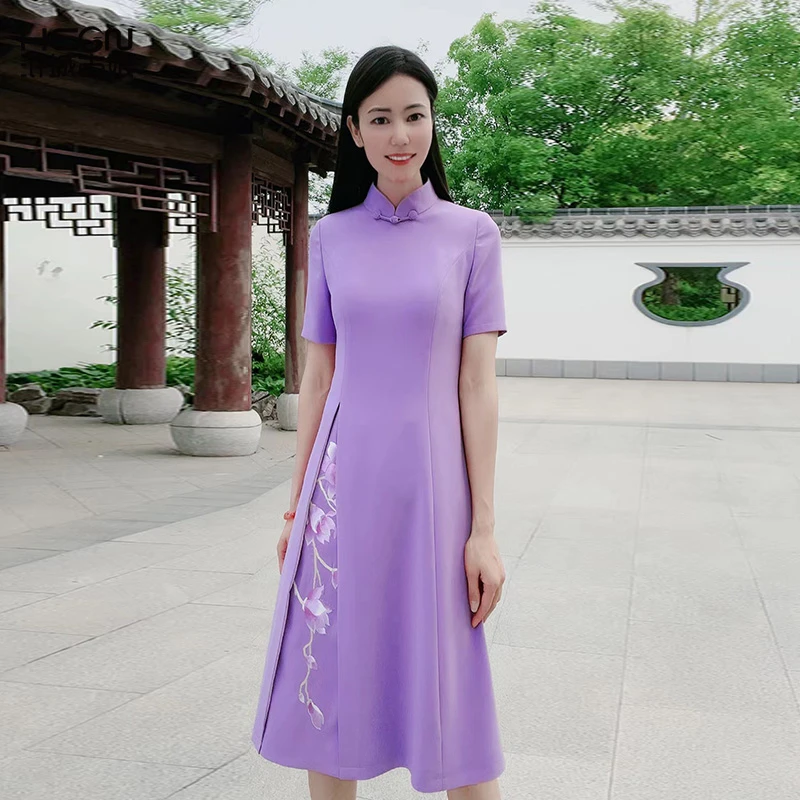 浒城古娘中式国风气质时尚优雅高贵夏季修身幽兰连衣裙-22B17177