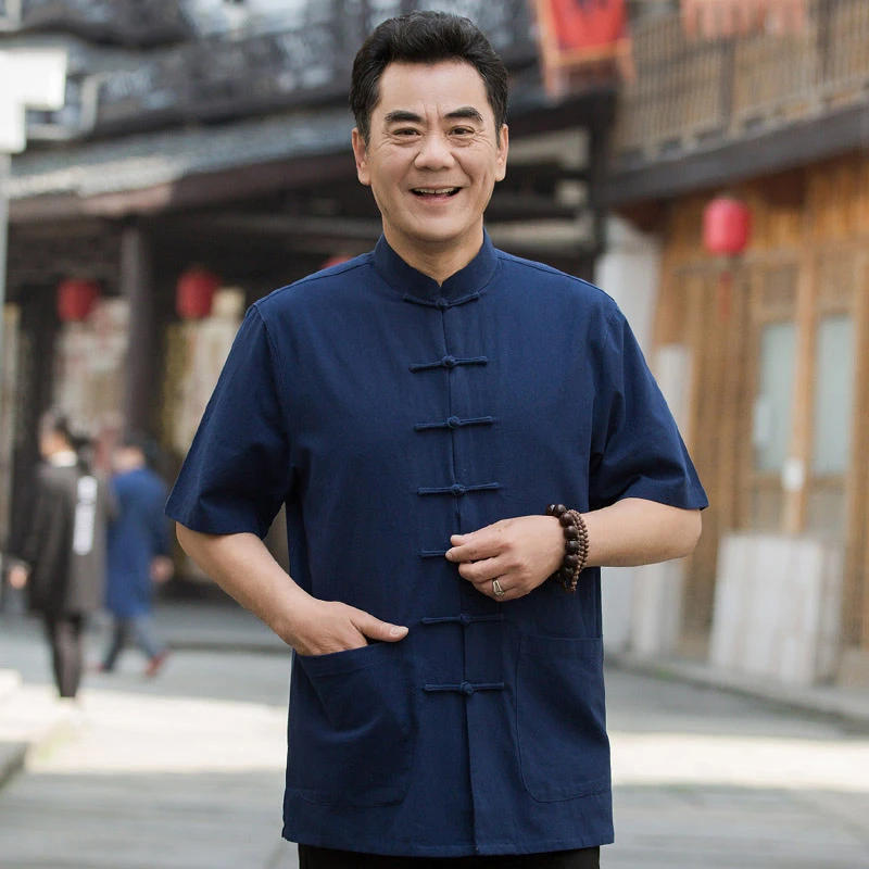 夏季新款爷爷装中老年人唐装短袖衬衫棉中国风中年男士夏装薄款