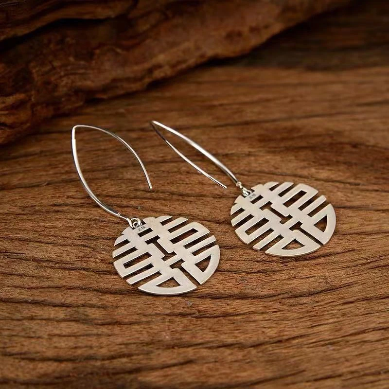 足银素款耳饰春晓老银匠双喜耳环