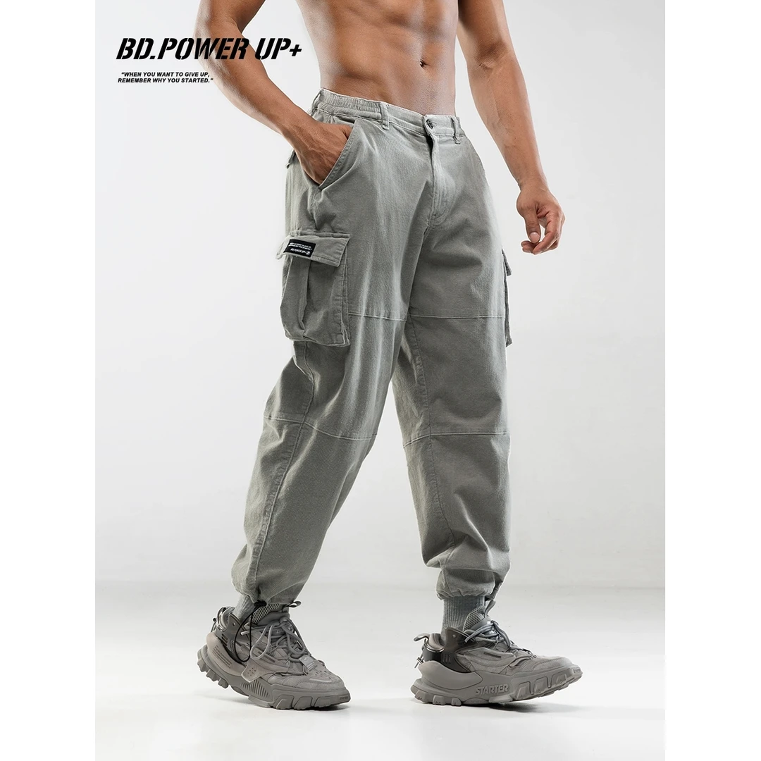 BD.POWER UP+灯芯绒机能工装裤男潮牌运动长裤男宽松直筒抽绳脚口