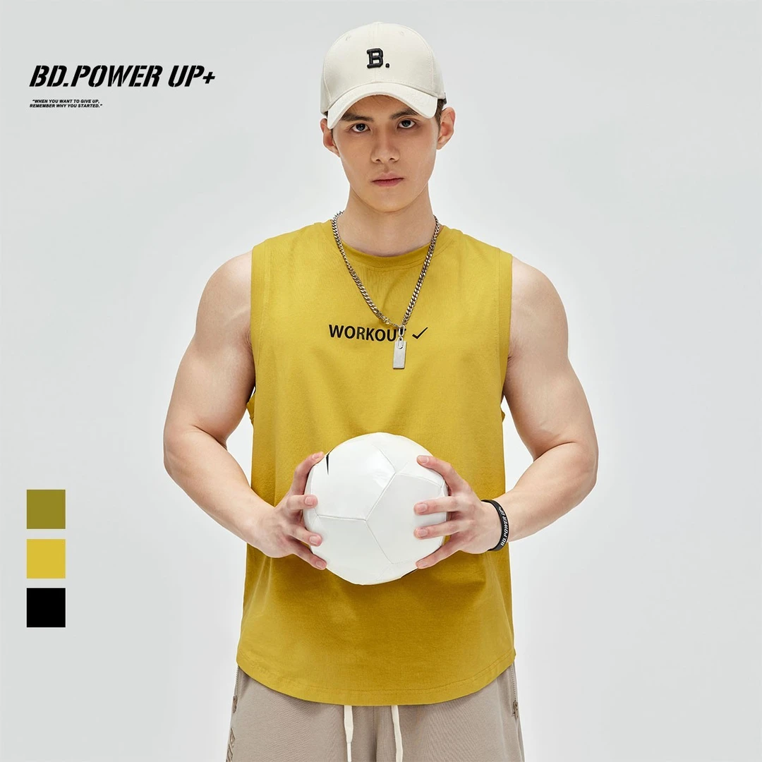 BD.POWER UP+夏季无袖t恤男简约印花篮球跑步修身运动背心男潮流