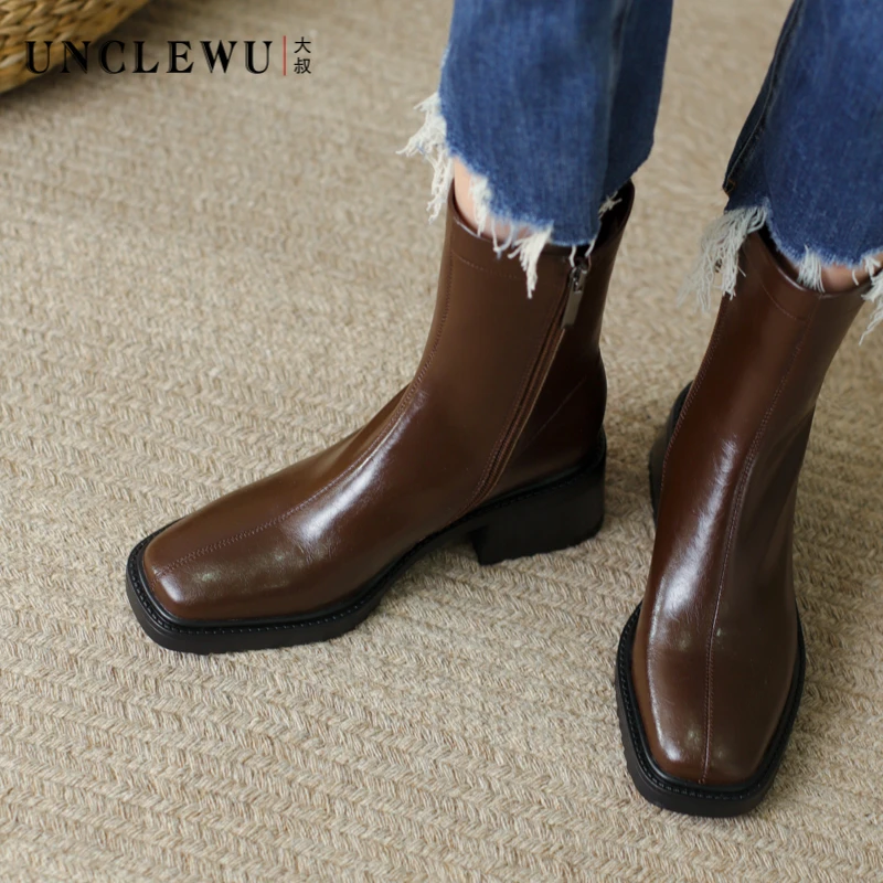 吴大叔秋冬时尚方头厚底短靴真皮百搭软面单靴粗跟显瘦女靴27-351
