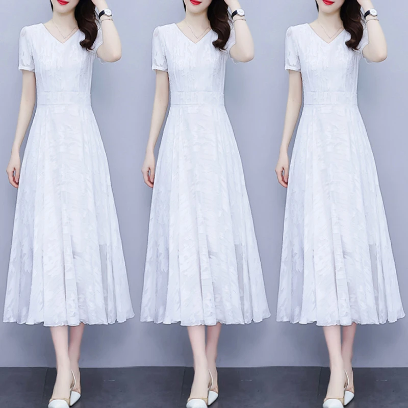 广州十三行裙子白色提花真丝连衣裙女夏季长款修身显瘦洋气质裙子