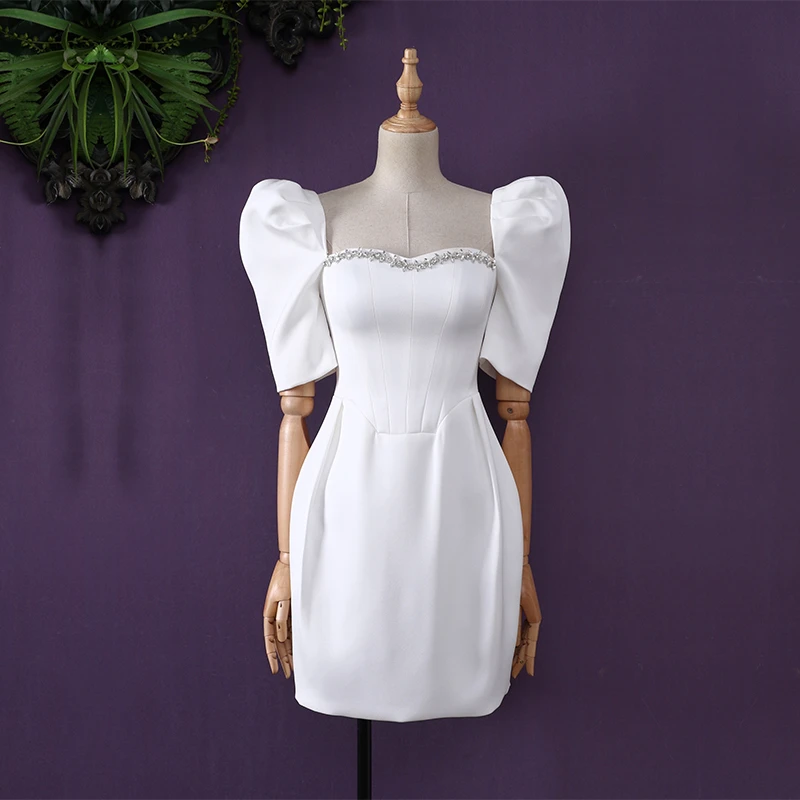 欧美名媛气质性感露背一字领重工镶钻泡泡袖小花苞连衣裙短裙礼服