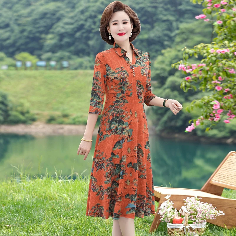 妈妈装夏季凉爽遮肚子气质连衣裙2024中年女装翻领有口袋透气裙子