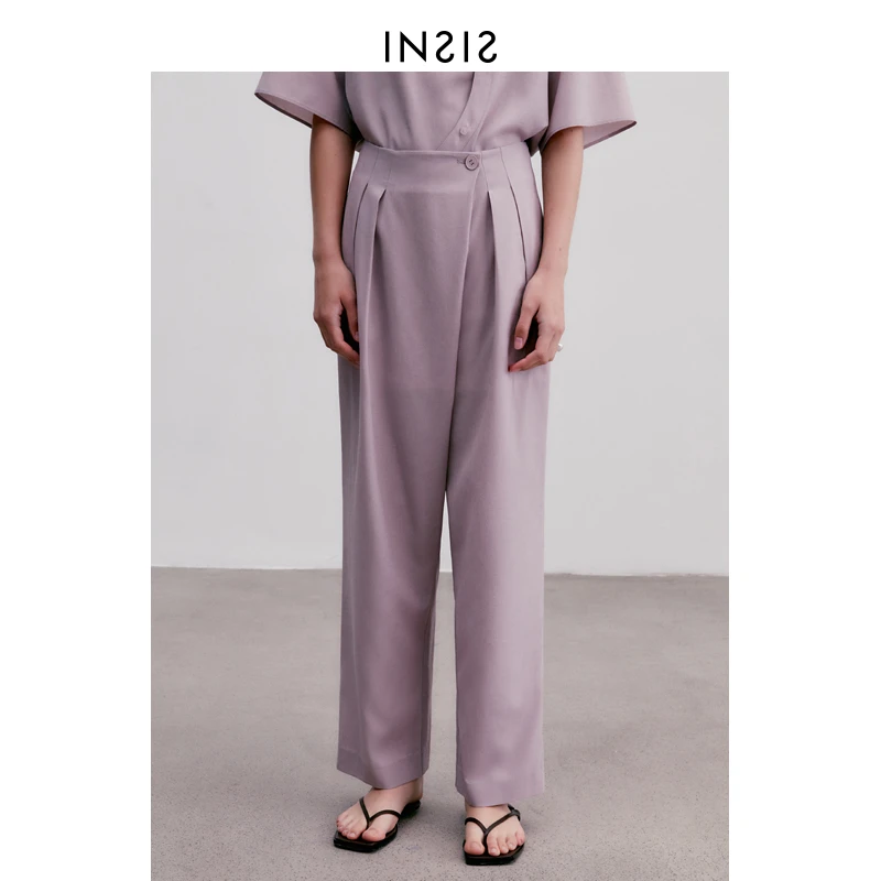 INSIS FEMME斜门襟压褶垂坠空气裤女新品显瘦设计长裤气质高腰