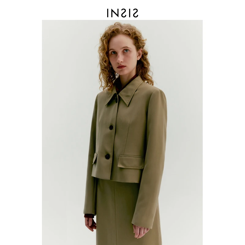 INSIS FEMME短款小尖领西装短外套女2022年早秋新品皮衣女装秋季