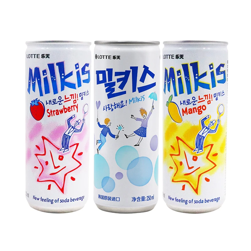 韩国进口乐天牛奶碳酸饮料妙之吻苏打汽水牛奶汽泡混搭250ML