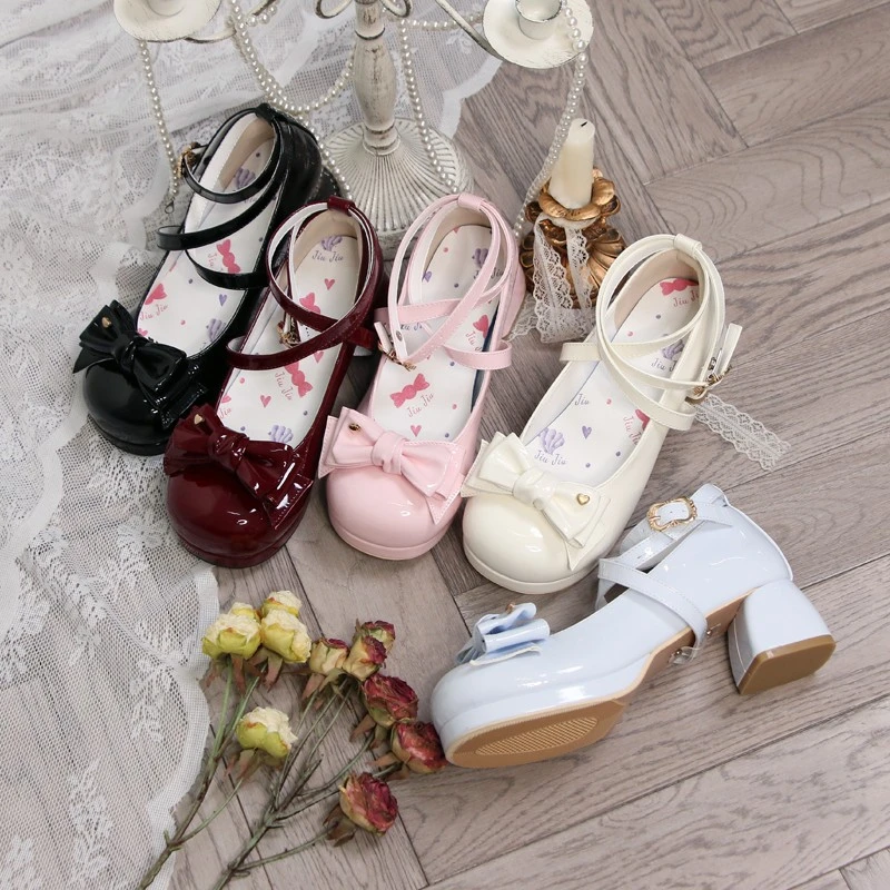 现货圆头妹妹久久洛丽塔Lolita原创中跟浅口蝴蝶结学生公主单鞋女