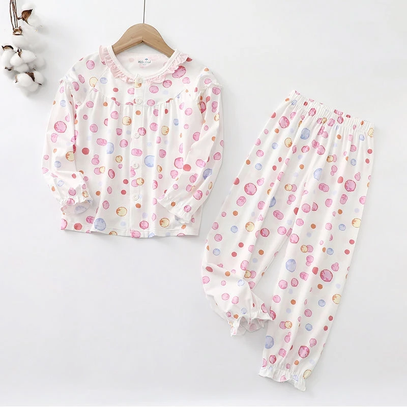 女童夏季家居套装中大童满印圆领对襟系扣长袖长裤两件套