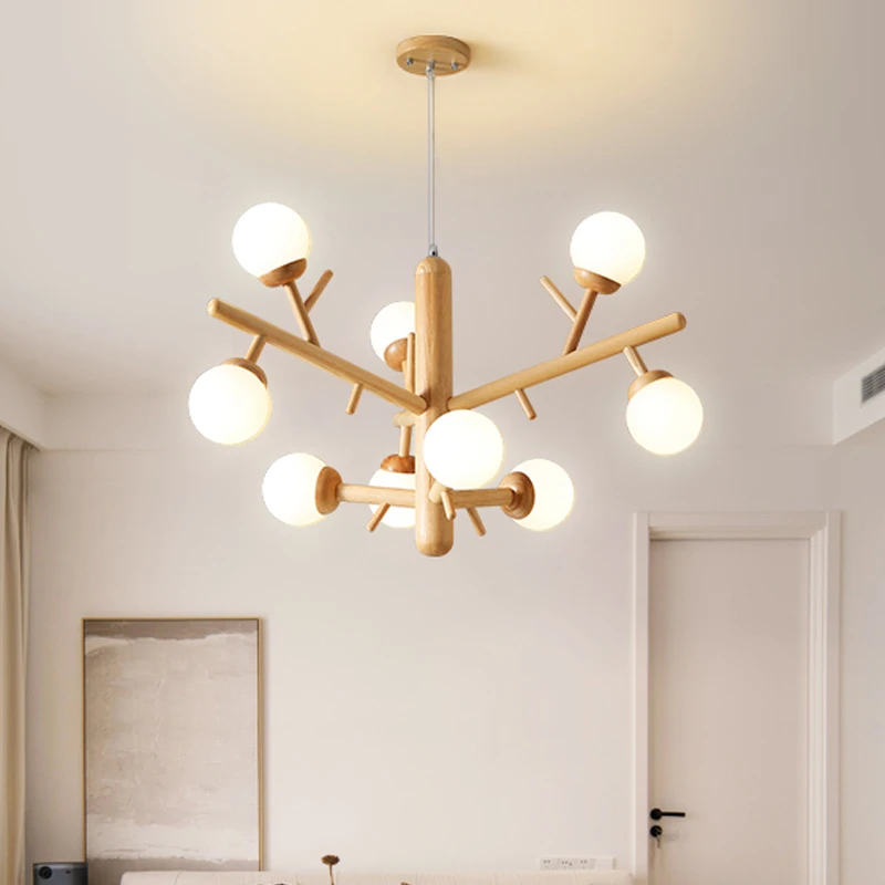 复式挑高led客厅吊灯北欧原木灯具日式实木餐厅loft中空魔豆灯