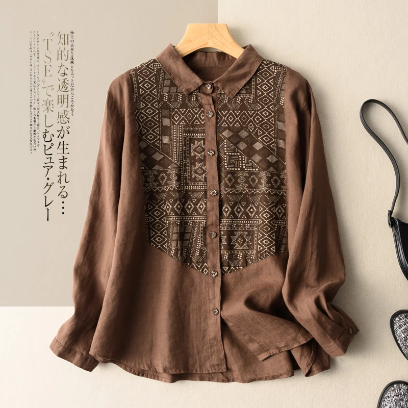 2024年新款长袖棉麻衬衫文艺复古贴布设计感小众宽松显瘦通勤衬衣