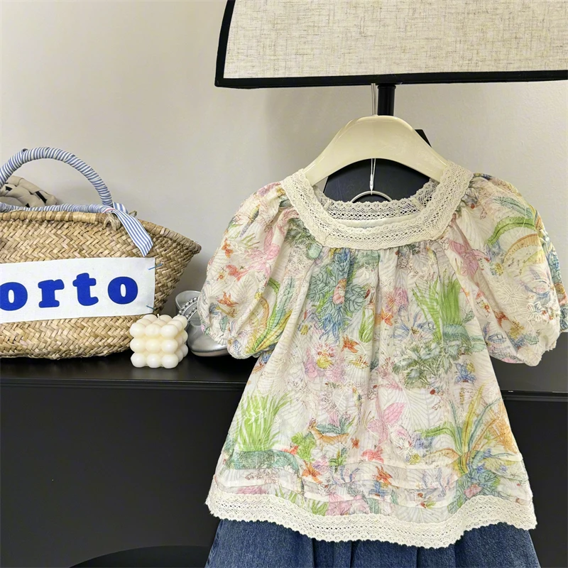 【现货】女童法式泡泡袖娃娃衫夏季款儿童小众设计蕾丝拼接碎花衬衫