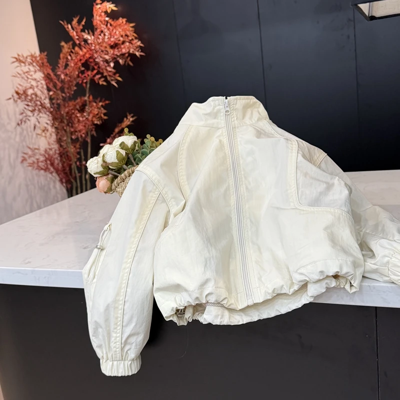 leomama女童杏色外套儿童立领夹克2025春季新款拉链衫防风衣服