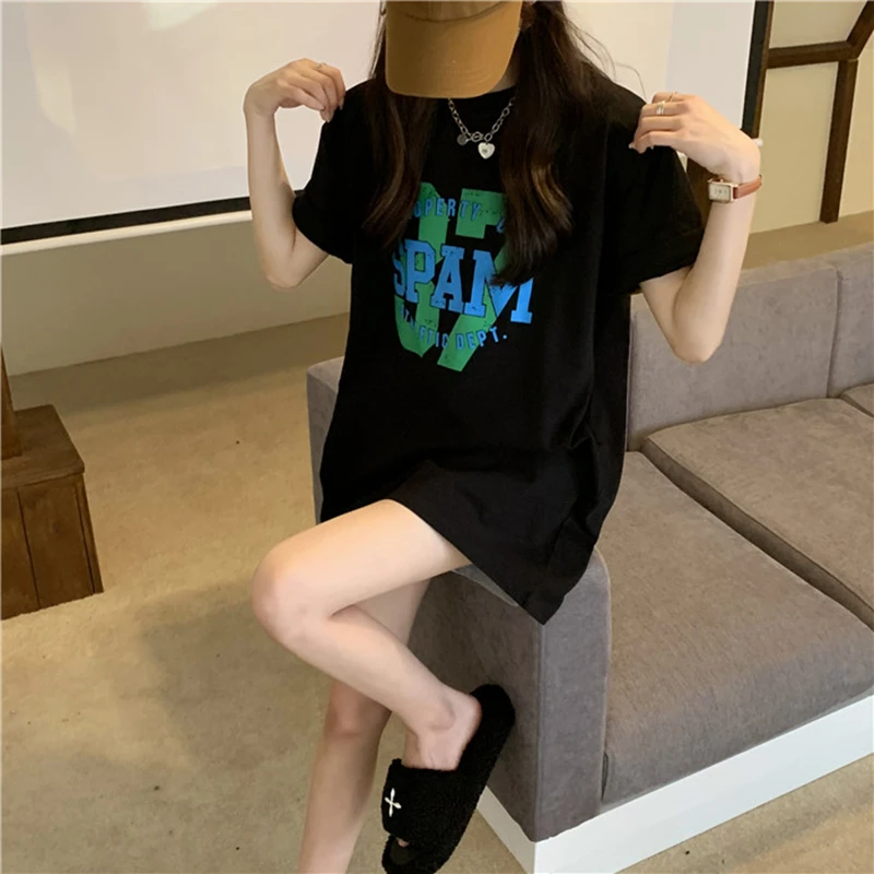 黑色纯棉短袖t恤女夏季新款宽松百搭潮牌印花中长款休闲半袖上衣