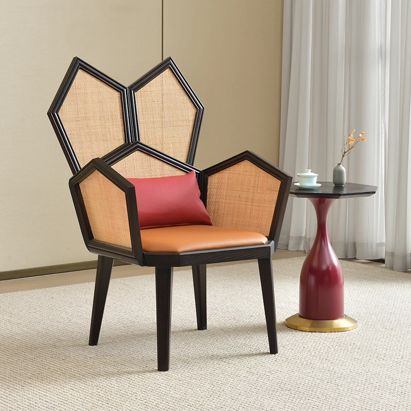 新中式实木休闲椅简约禅意诧寂风藤编酒店民宿售楼处工程家具定制