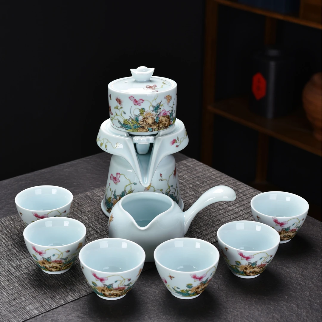 联谊虞美人茶具套装功夫家用茶杯茶壶半自动出水全陶瓷材质泡茶器