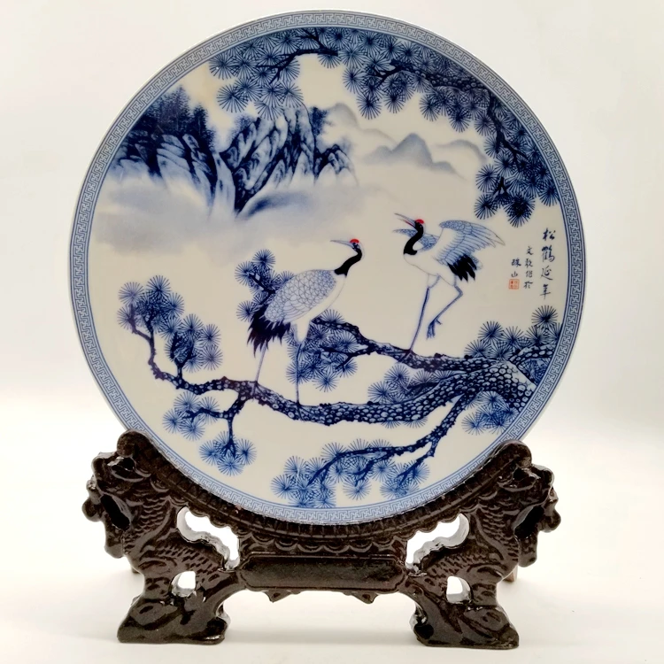 清乾隆青花松鹤延年瓷盘家居摆盘玄关客厅摆件装饰品仿古风水盘子