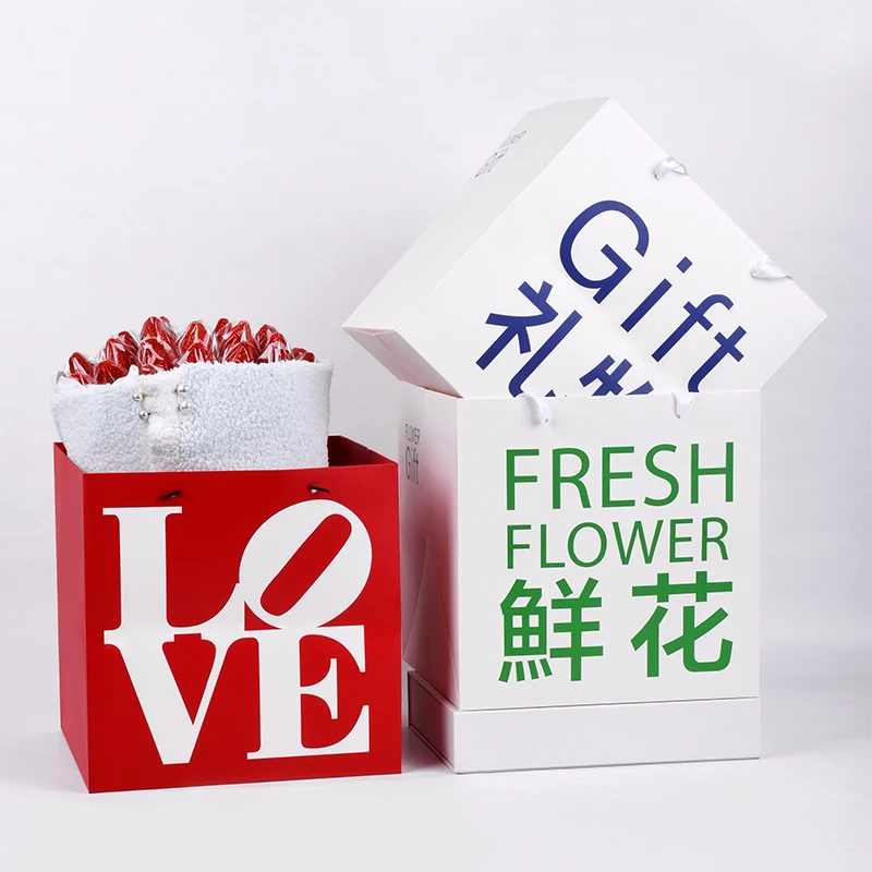 网红时尚正方形鲜花手提袋情人节玫瑰花束礼品袋礼物花艺包装材料