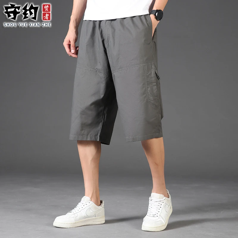 夏季薄款纯棉多口袋宽松工装裤七分裤男士大码短裤休闲直筒中老年