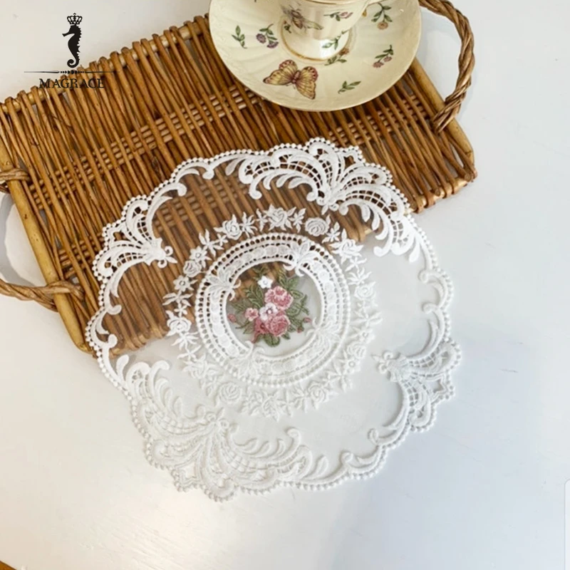 MAGRACE HOME法式圆形蕾丝桌布田园风垫子电视机桌子绣花蕾丝布