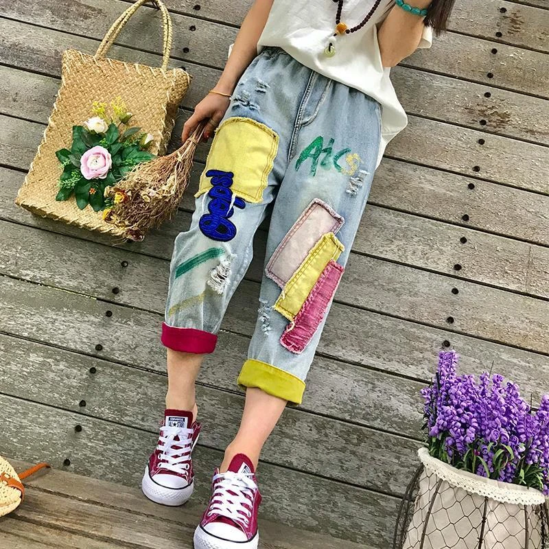 2022夏季薄款复古贴布松紧腰破洞撞色宽松大码牛仔裤女显瘦九分裤