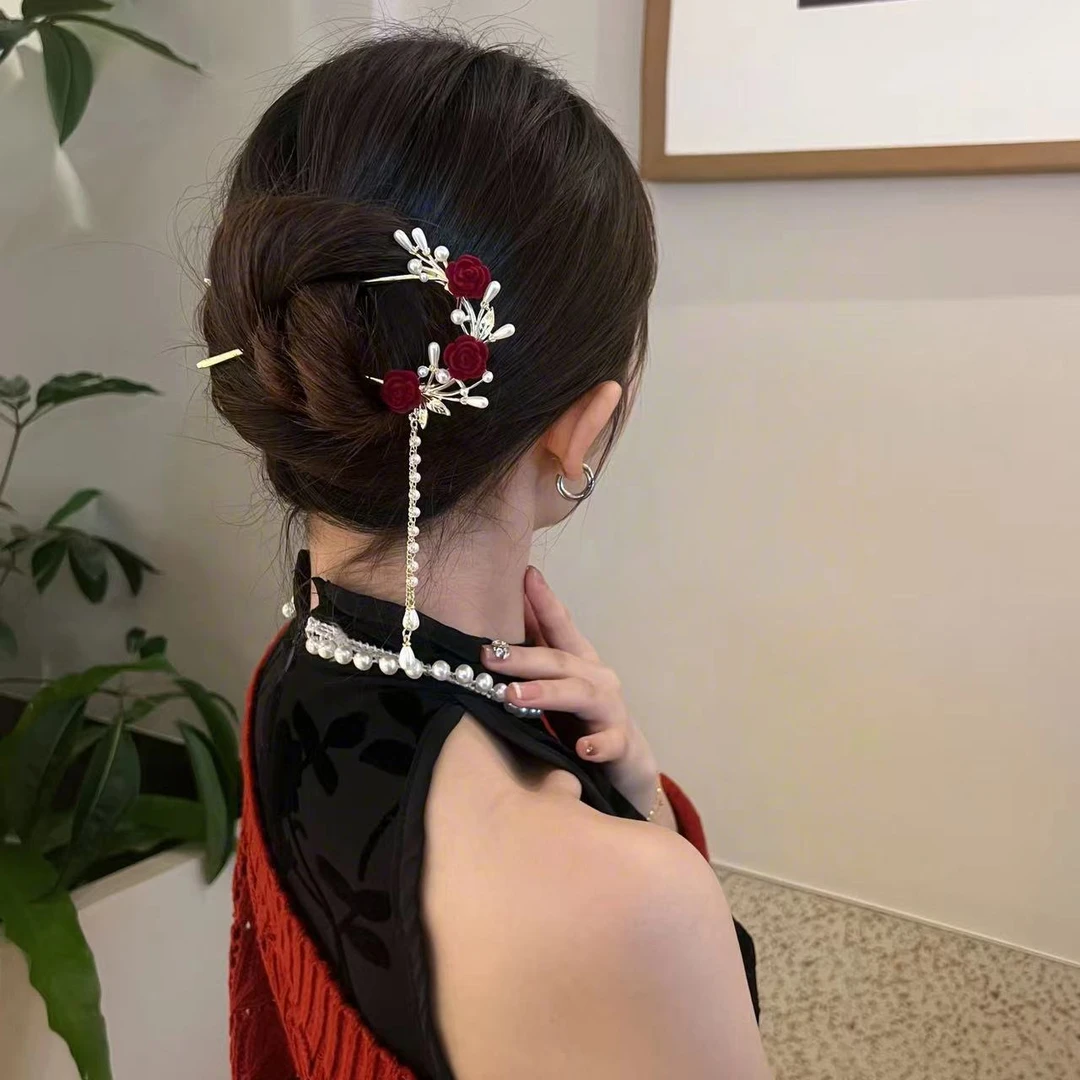 新中式红色u型流苏发簪气质百搭古风簪子发钗头饰发饰簪子盘头发