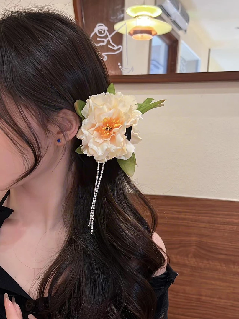 【牡丹】古风流苏牡丹花抓夹鲨鱼夹手工气质仿真花朵夹子百搭头饰