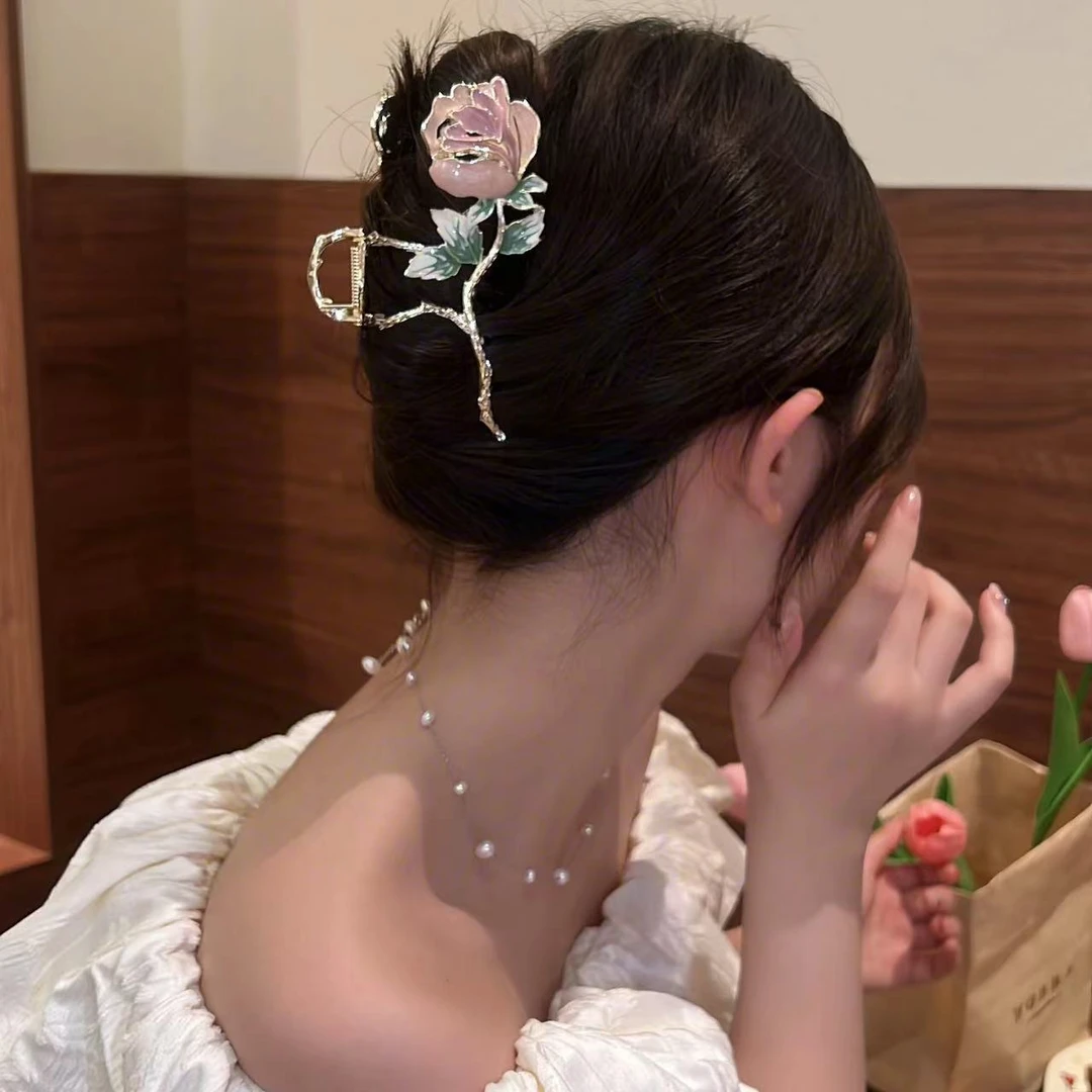 春夏精致温柔玫瑰花朵抓夹浪漫气质百搭高级感鲨鱼夹超仙发饰