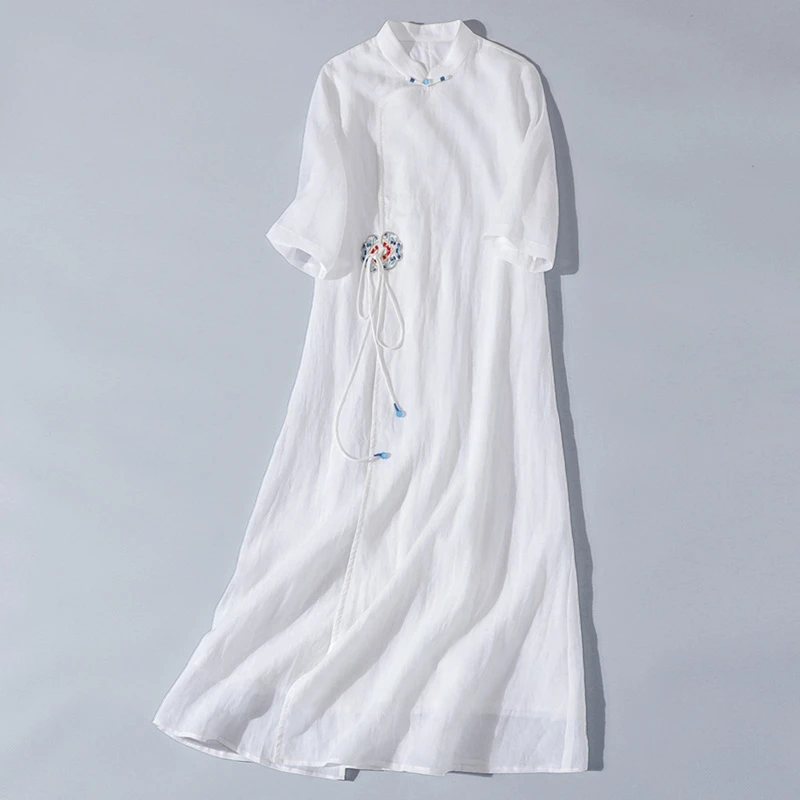 【親瑜】中国风改良中式立领禅服禅意苎麻茶服连衣裙茶艺师服装女
