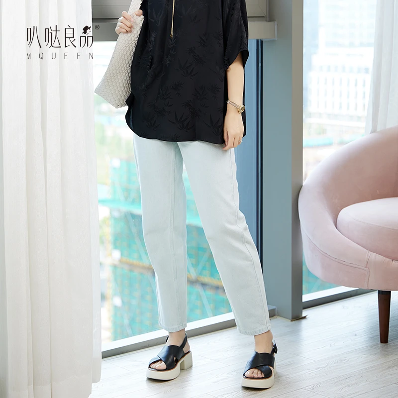 T库茵 叭哒不惑 青灯 浅色高腰弹力直筒宽松显瘦牛仔裤时尚修身